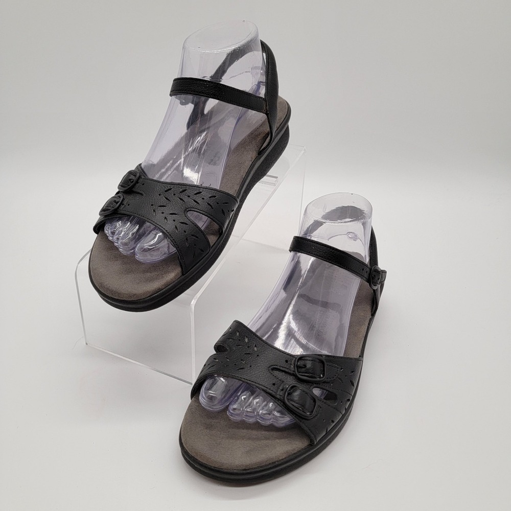 SAS Duo Buckle Sandals Womens Size 8.5W Black Leather Adjustable Strap Comfort